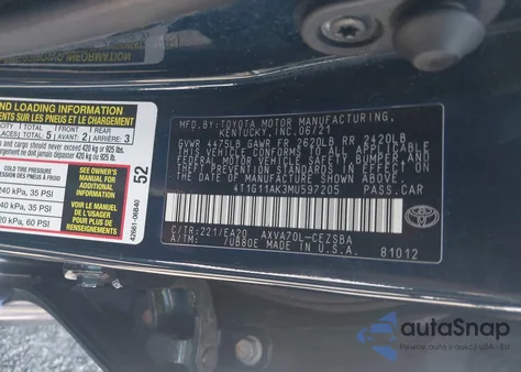 2021 Toyota Camry Se z USA, uszkodzony, nr VIN 4T1G11AK3MU597205